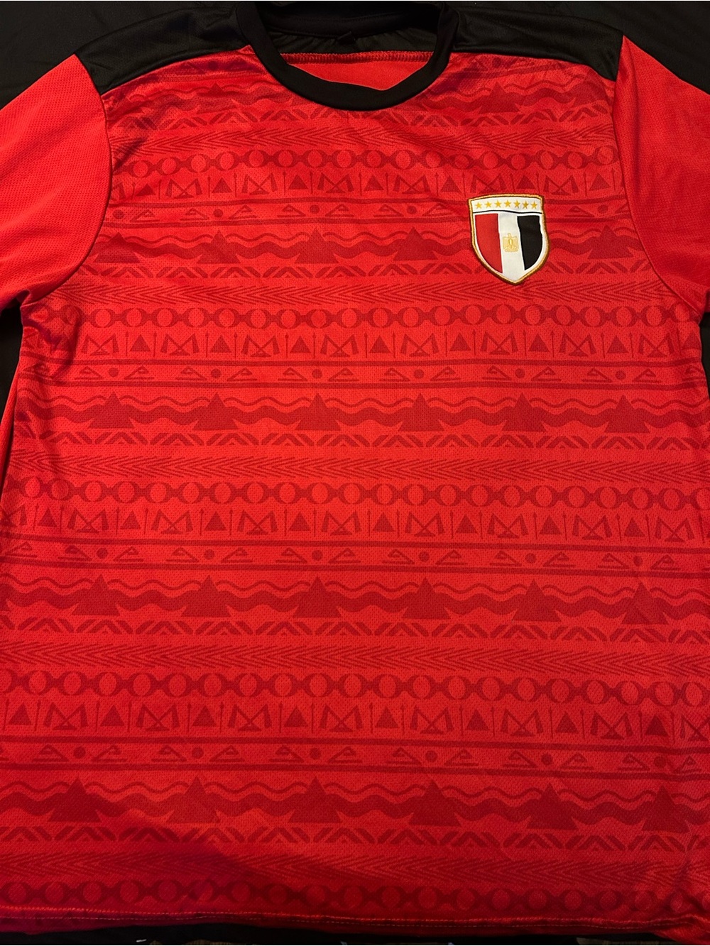 Red Patterned Soccer Jersey with Shield Crest